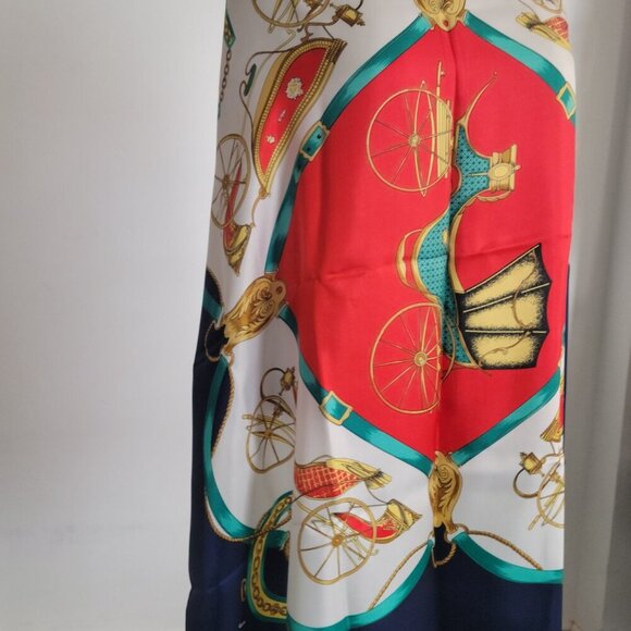 Vintage Equestrian Horse Carriage Blue Red & Gold 100% Silk Scarf - Picture 5 of 13